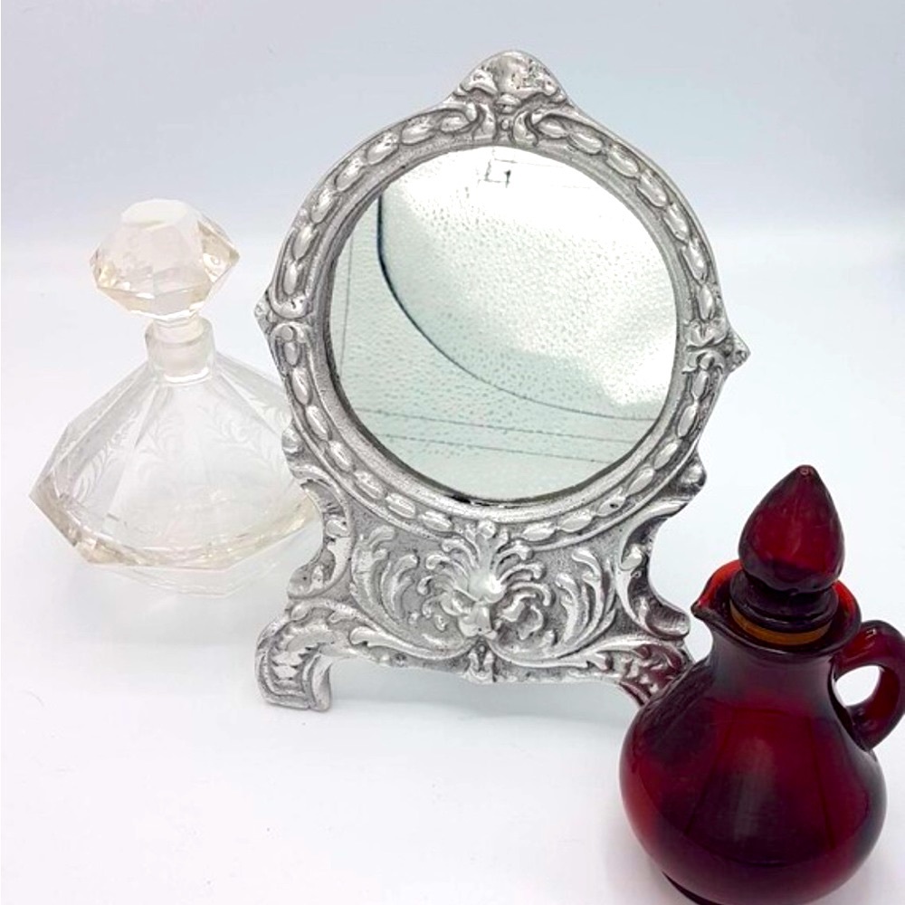 Vintage Pewter mirror / Vanity mirror / Pewter frame Hand crafted Vintage